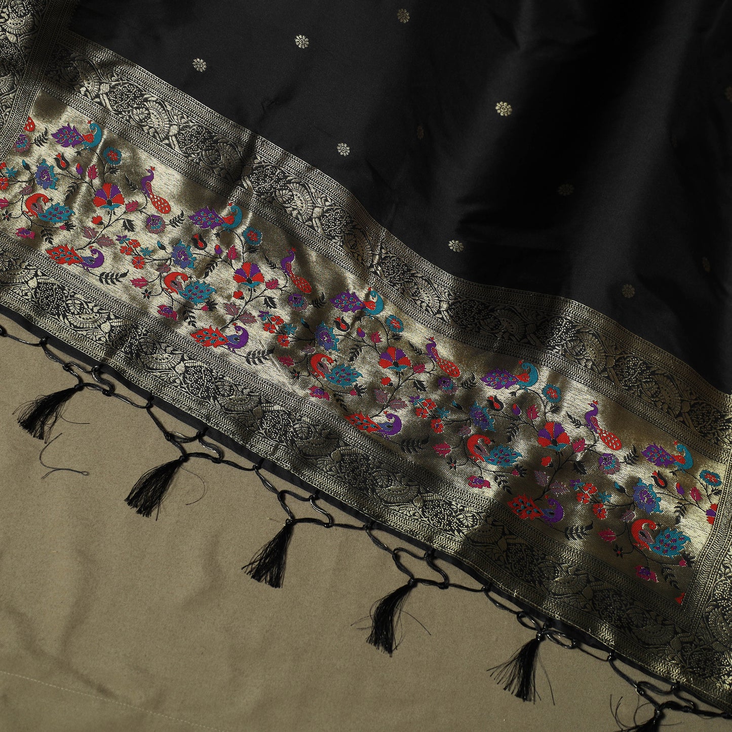 Black - Bangalore Silk Paithani Weave 3pc Unstitched Dress Material Suit Set 22