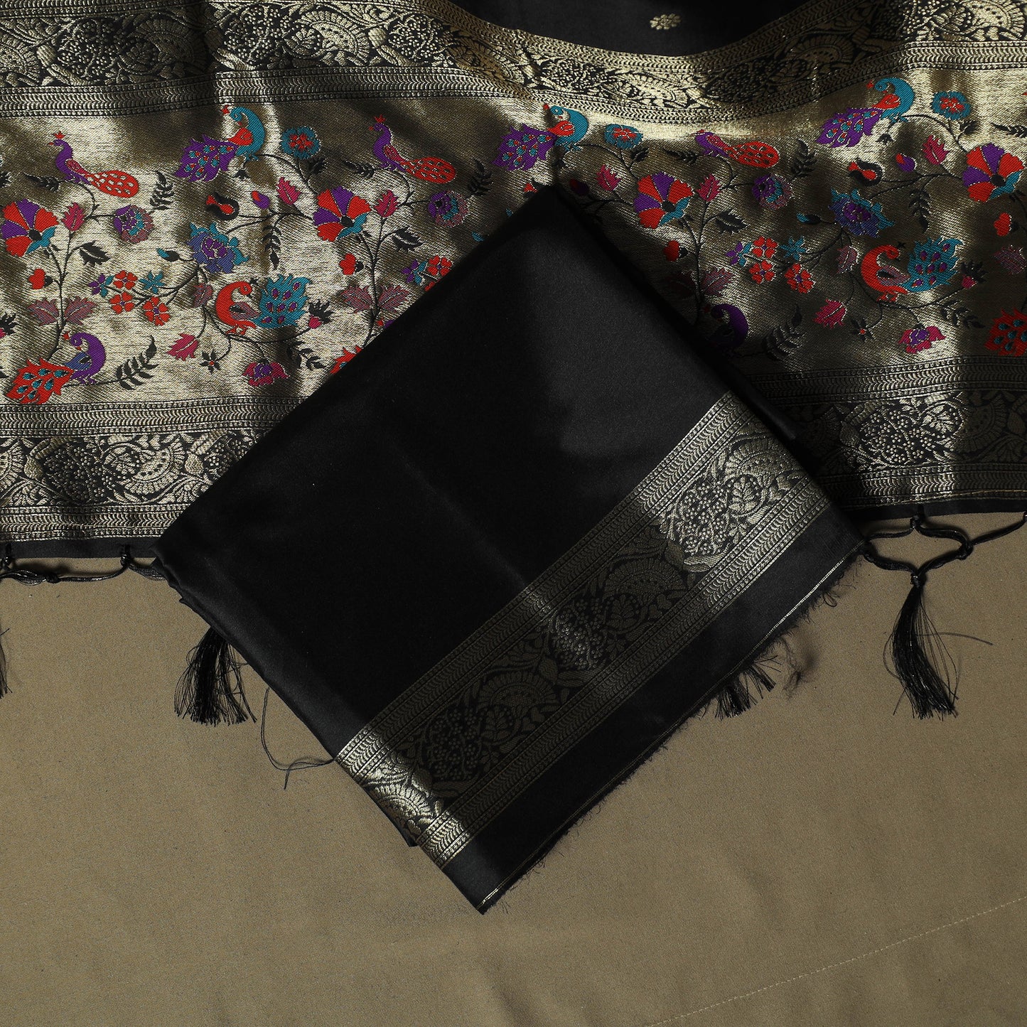 Black - Bangalore Silk Paithani Weave 3pc Unstitched Dress Material Suit Set 22