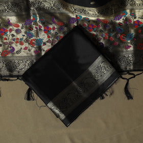 Black - Bangalore Silk Paithani Weave 3pc Unstitched Dress Material Suit Set 22