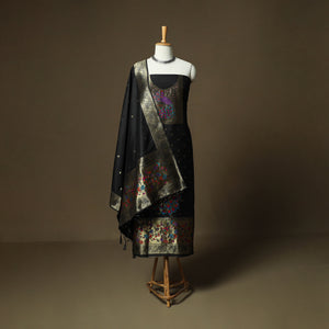 Black - Bangalore Silk Paithani Weave 3pc Unstitched Dress Material Suit Set 22