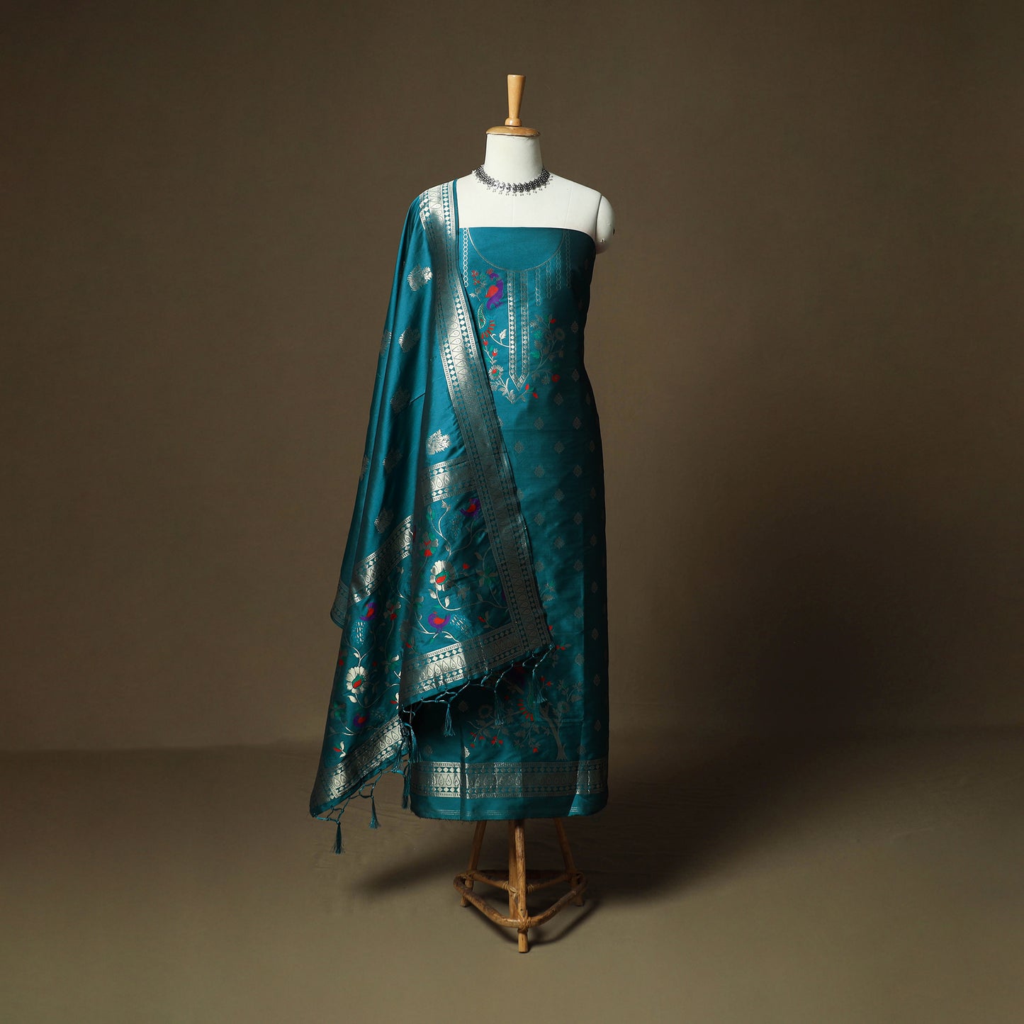 Green - Bangalore Silk Paithani Weave 3pc Unstitched Dress Material Suit Set 23