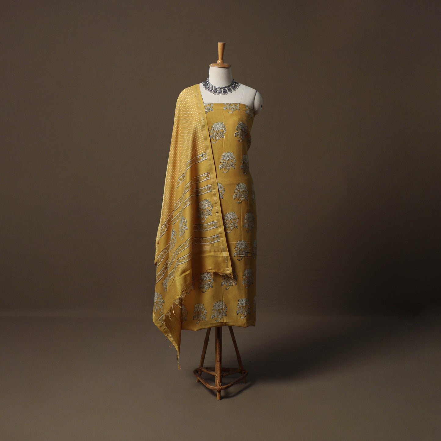 Akola Hand Block Print Chanderi Silk 2pc Unstitched Dress Material Kurta Set 21