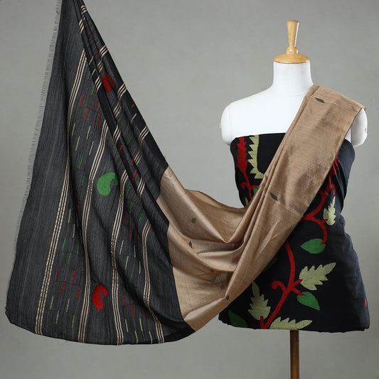 Black - 3pc Phulia Jamdani Weave Handloom Silk Cotton Suit Material Set