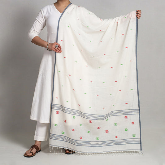 White - Burdwan Jamdani Buti Handloom Cotton Dupatta with Tassels