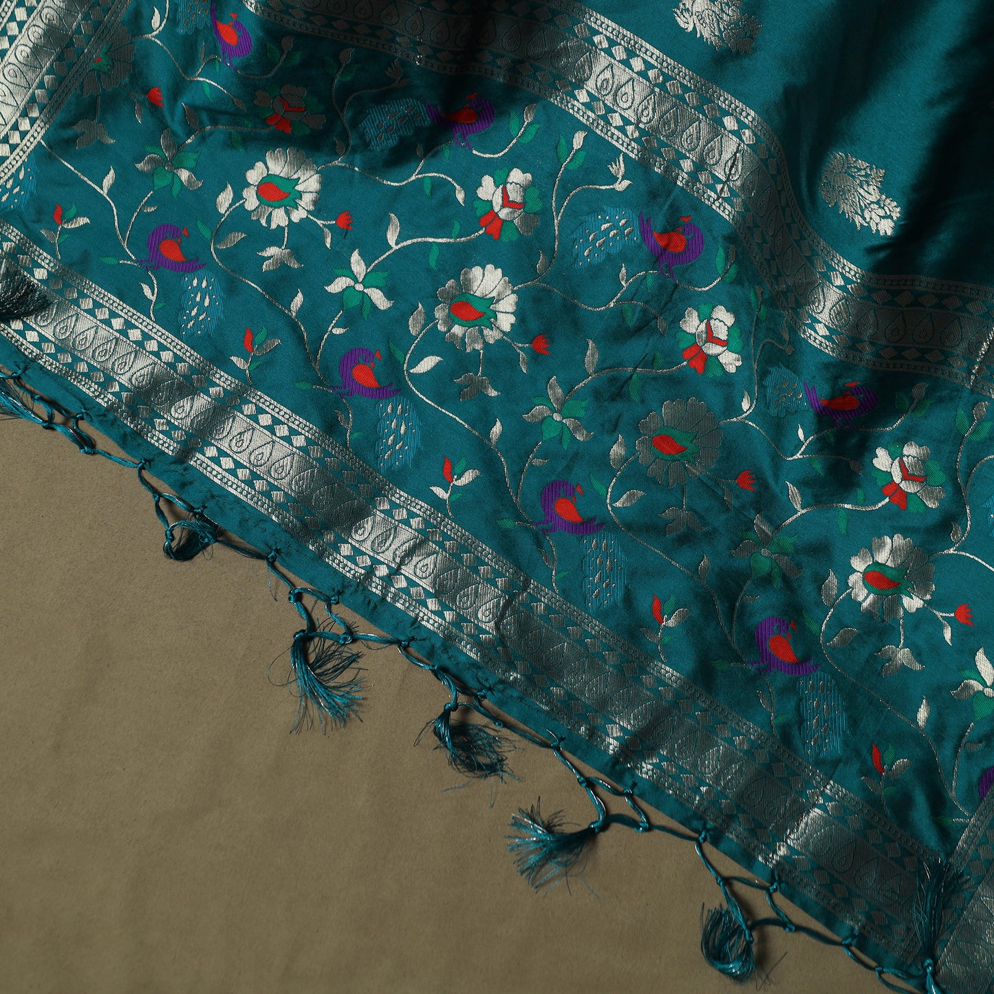 Green - Bangalore Silk Paithani Weave 3pc Unstitched Dress Material Suit Set 23