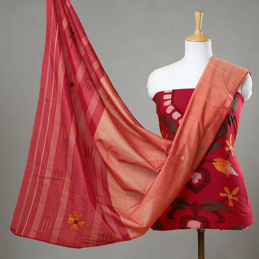 Red - 3pc Phulia Jamdani Weave Handloom Cotton Suit Material Set