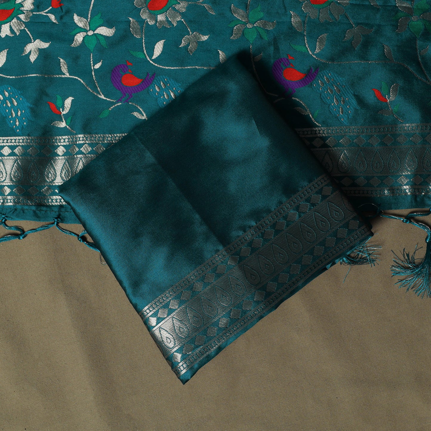 Green - Bangalore Silk Paithani Weave 3pc Unstitched Dress Material Suit Set 23