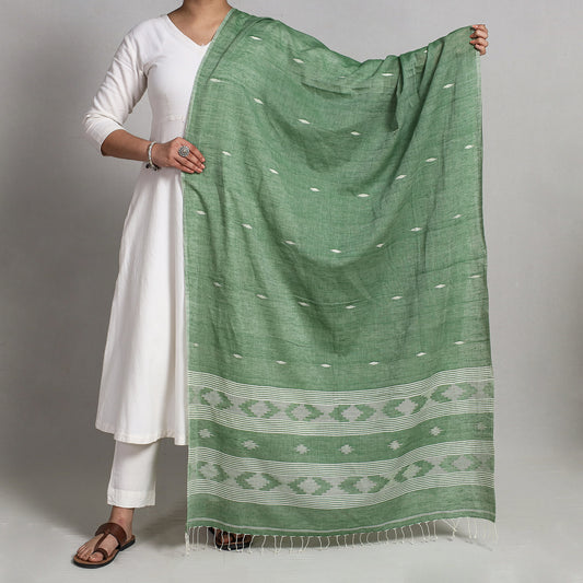Green - Burdwan Jamdani Buti Handloom Cotton Dupatta with Tassels