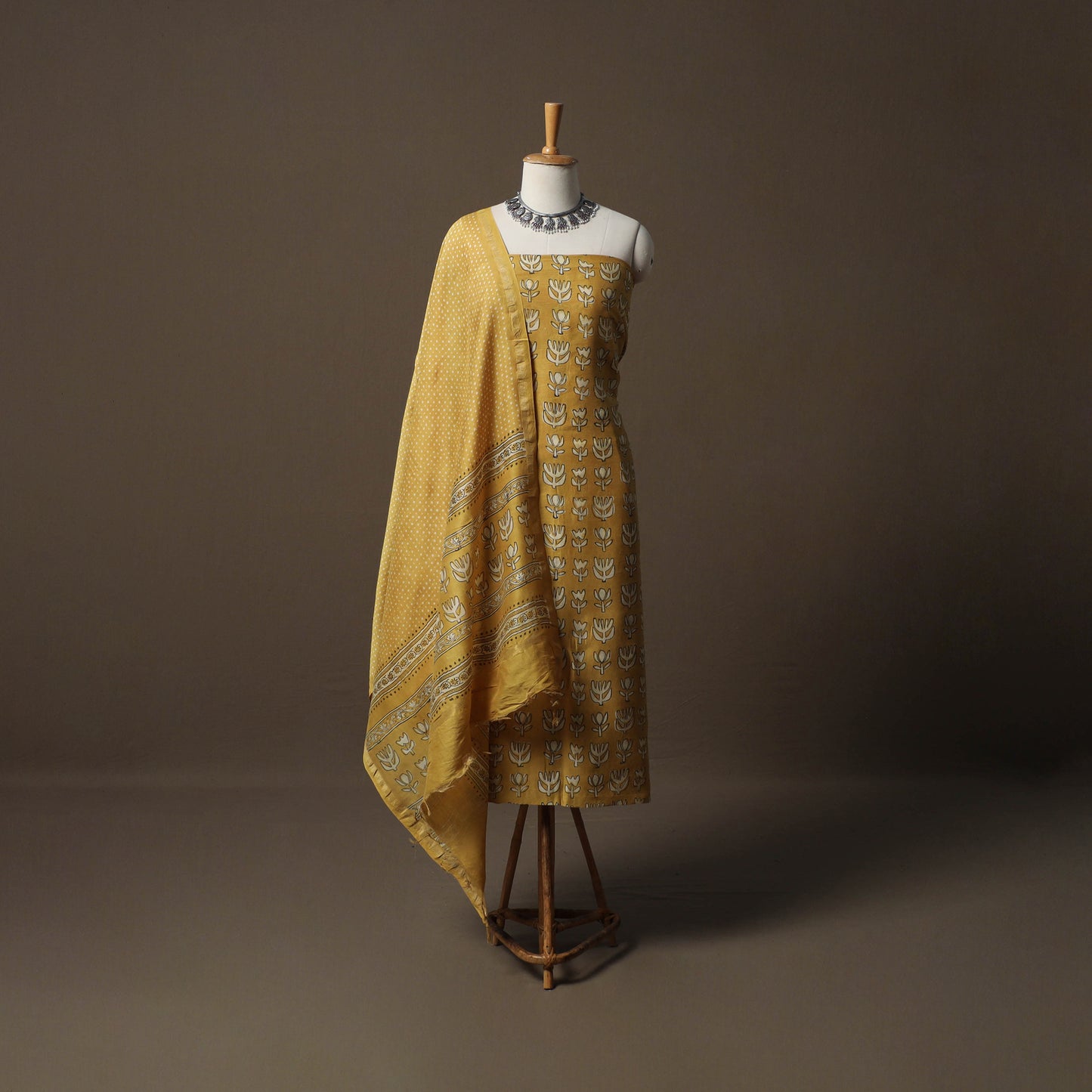 Akola Hand Block Print Chanderi Silk 2pc Unstitched Dress Material Kurta Set 24