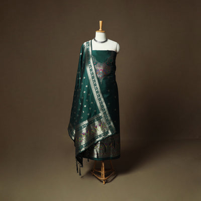 Green - Bangalore Silk Paithani Weave 3pc Unstitched Dress Material Suit Set 24