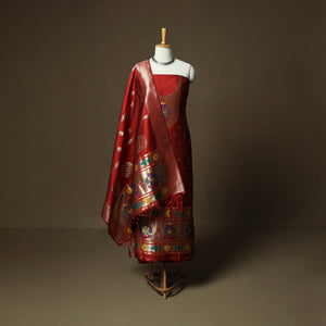 Red - Bangalore Silk Paithani Weave 3pc Unstitched Dress Material Suit Set 25