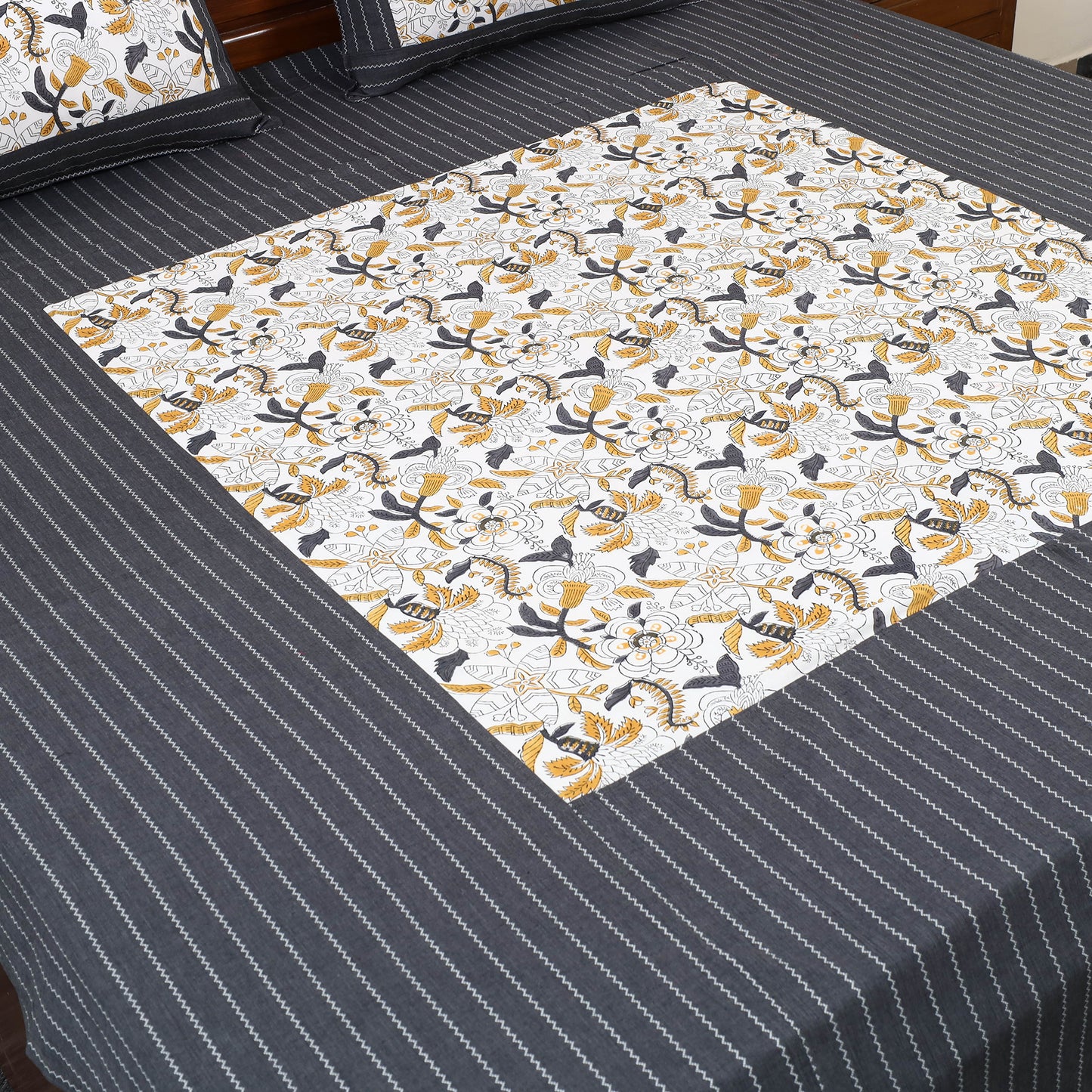 Black Jacquard with Sanganeri Patch Cotton Bedsheet Set