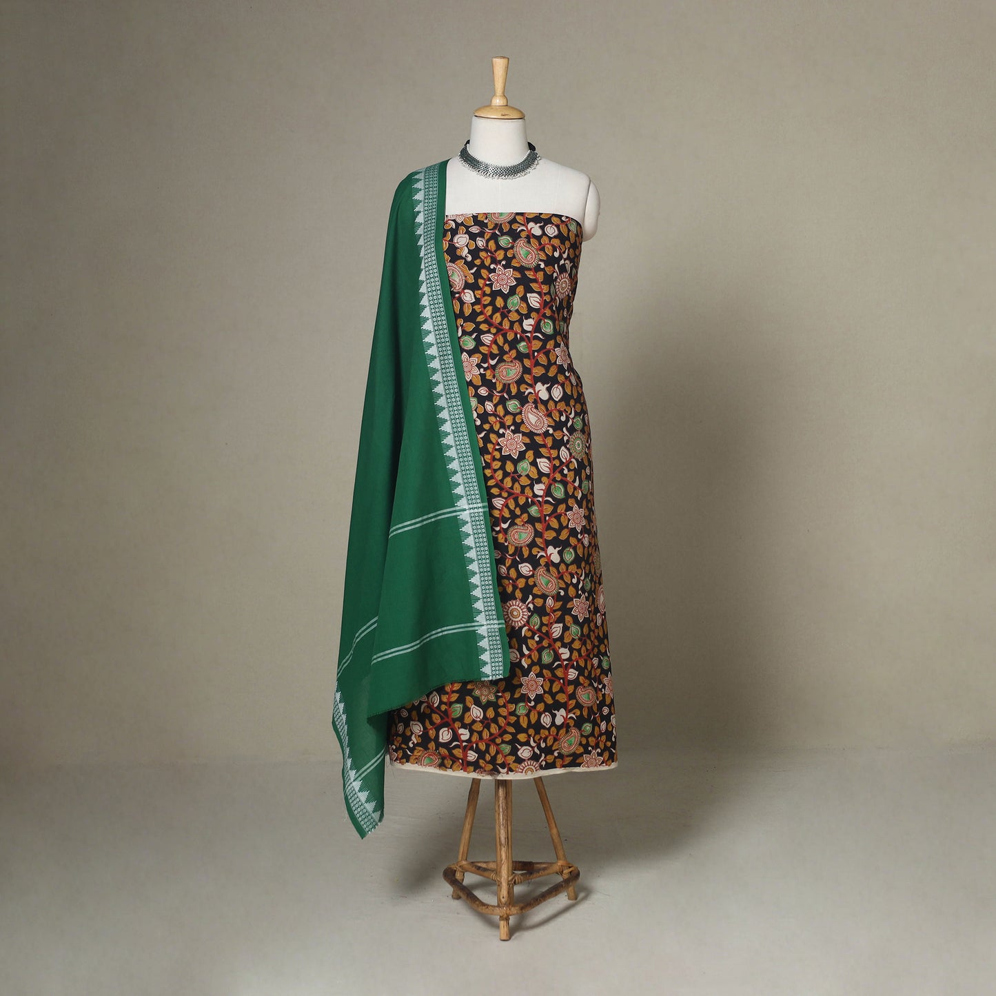 Black - 2pc unstitched printed cotton kalamkari dress