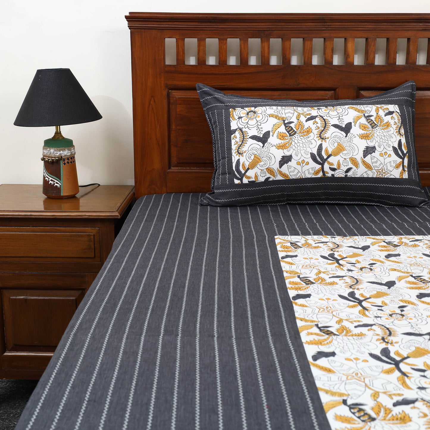 Black Jacquard with Sanganeri Patch Cotton Bedsheet Set