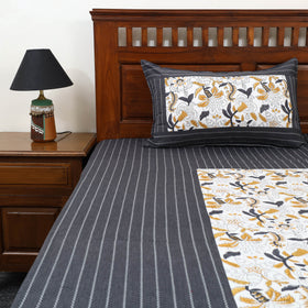 Black Jacquard with Sanganeri Patch Cotton Bedsheet Set