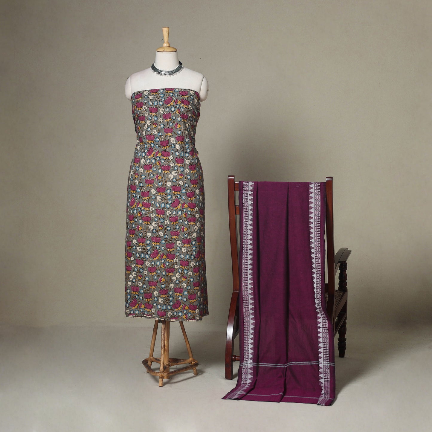 Grey - 2pc unstitched printed cotton kalamkari dress