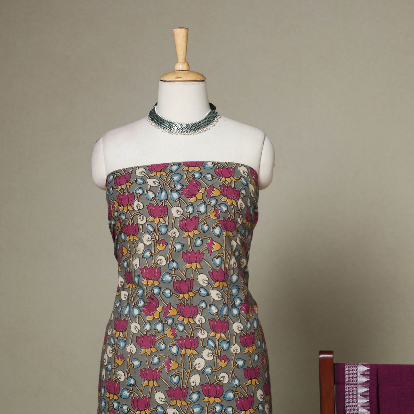 Grey - 2pc unstitched printed cotton kalamkari dress