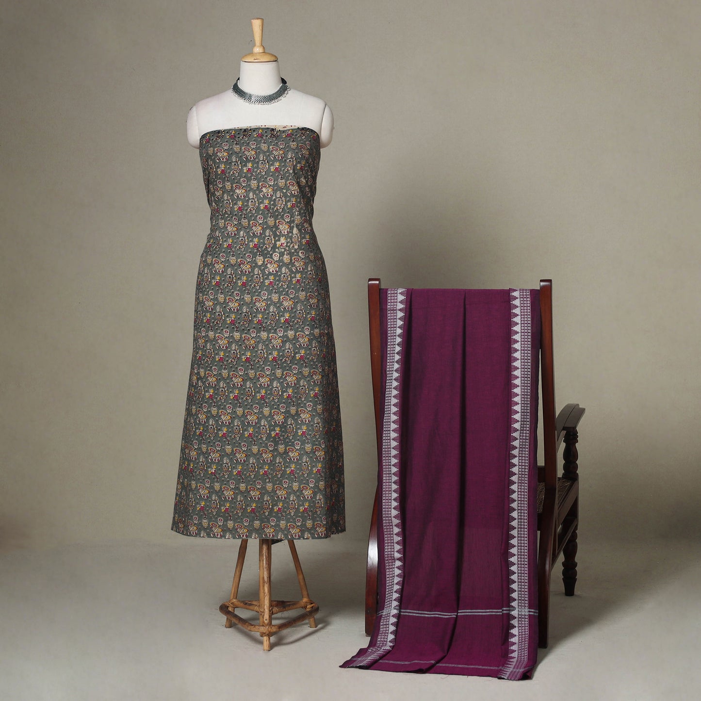 Grey - 2pc unstitched printed cotton kalamkari dress