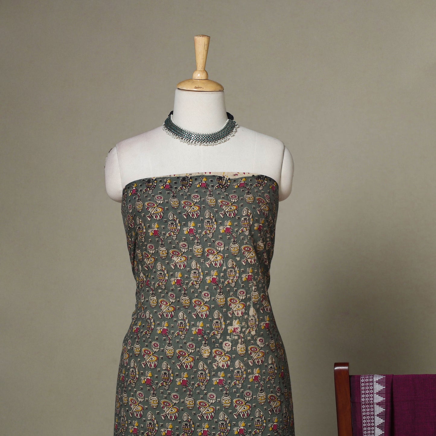 Grey - 2pc unstitched printed cotton kalamkari dress