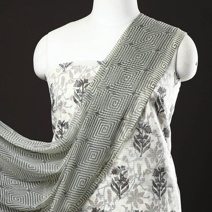 White - 3pc Sanganeri Block Printed Kota Doria Suit Material Set