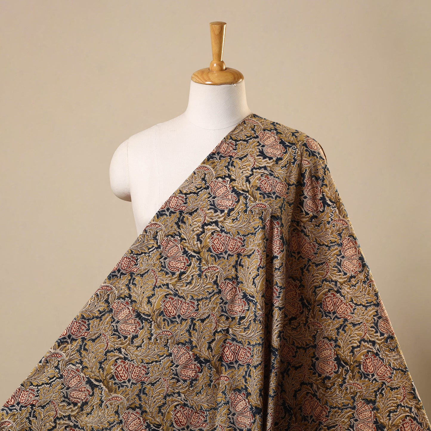 Yellow Natural Dyed Block Print Cotton Pedana Kalamkari Fabric