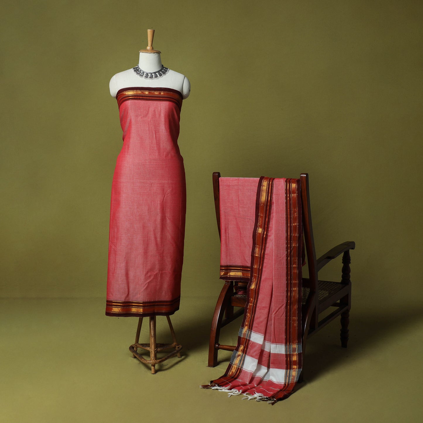 Dharwad Cotton 3pc Unstitched Dress Material Suit Set with Woven Zari Border 104