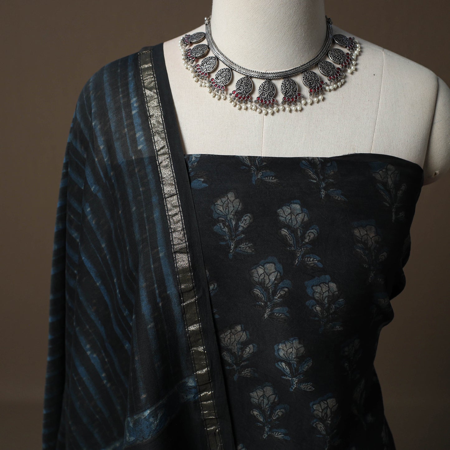 Akola Hand Block Print Chanderi Silk 2pc Unstitched Dress Material Kurta Set 33