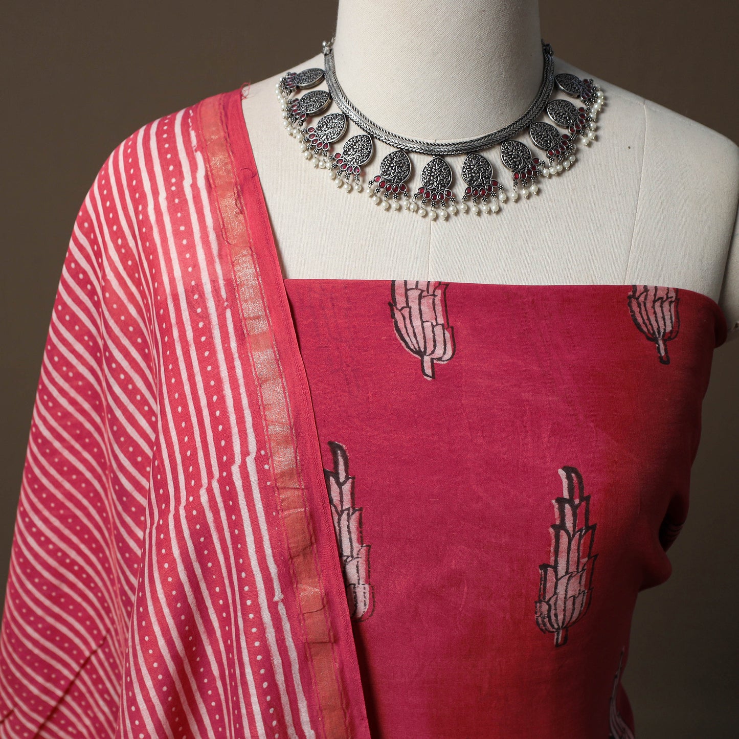 Akola Hand Block Print Chanderi Silk 2pc Unstitched Dress Material Kurta Set 35