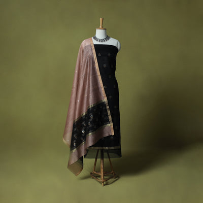 Black - Handloom Zari Buti Chanderi Silk 2pc Unstitched Dress Material Kurta Set 02