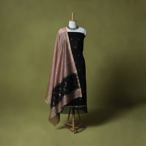 Black - Handloom Zari Buti Chanderi Silk 2pc Unstitched Dress Material Kurta Set 02