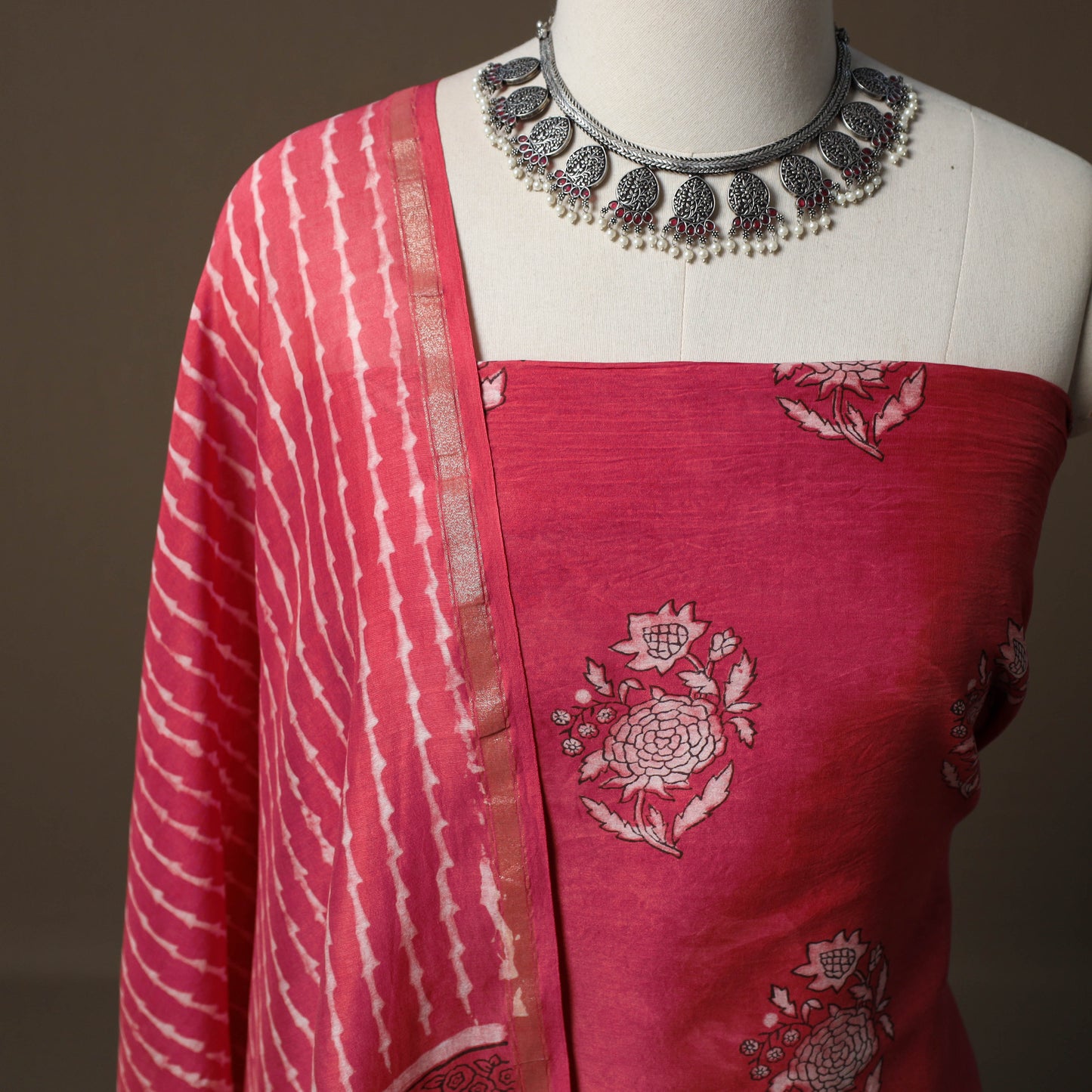 Akola Hand Block Print Chanderi Silk 2pc Unstitched Dress Material Kurta Set 37