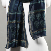 Blue - Akola Block Printed Chanderi Silk Handloom Stole with Zari Border