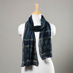 Blue - Akola Block Printed Chanderi Silk Handloom Stole with Zari Border