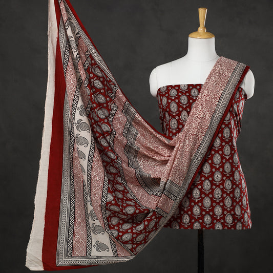Red - 3pc Bagh Block Printed Cotton Suit Material Set