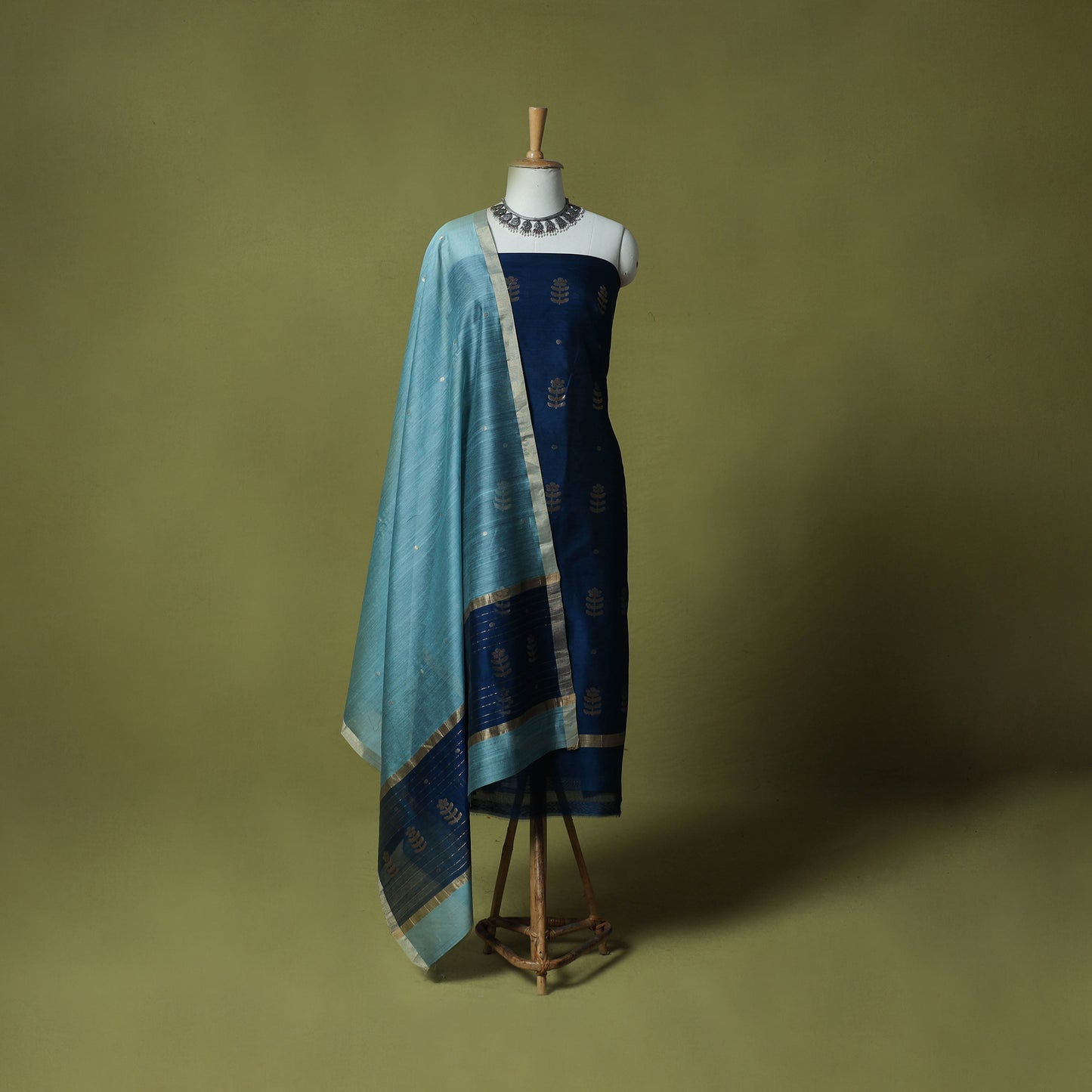 Blue - Handloom Zari Buti Chanderi Silk 2pc Unstitched Dress Material Kurta Set 03