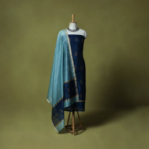 Blue - Handloom Zari Buti Chanderi Silk 2pc Unstitched Dress Material Kurta Set 03