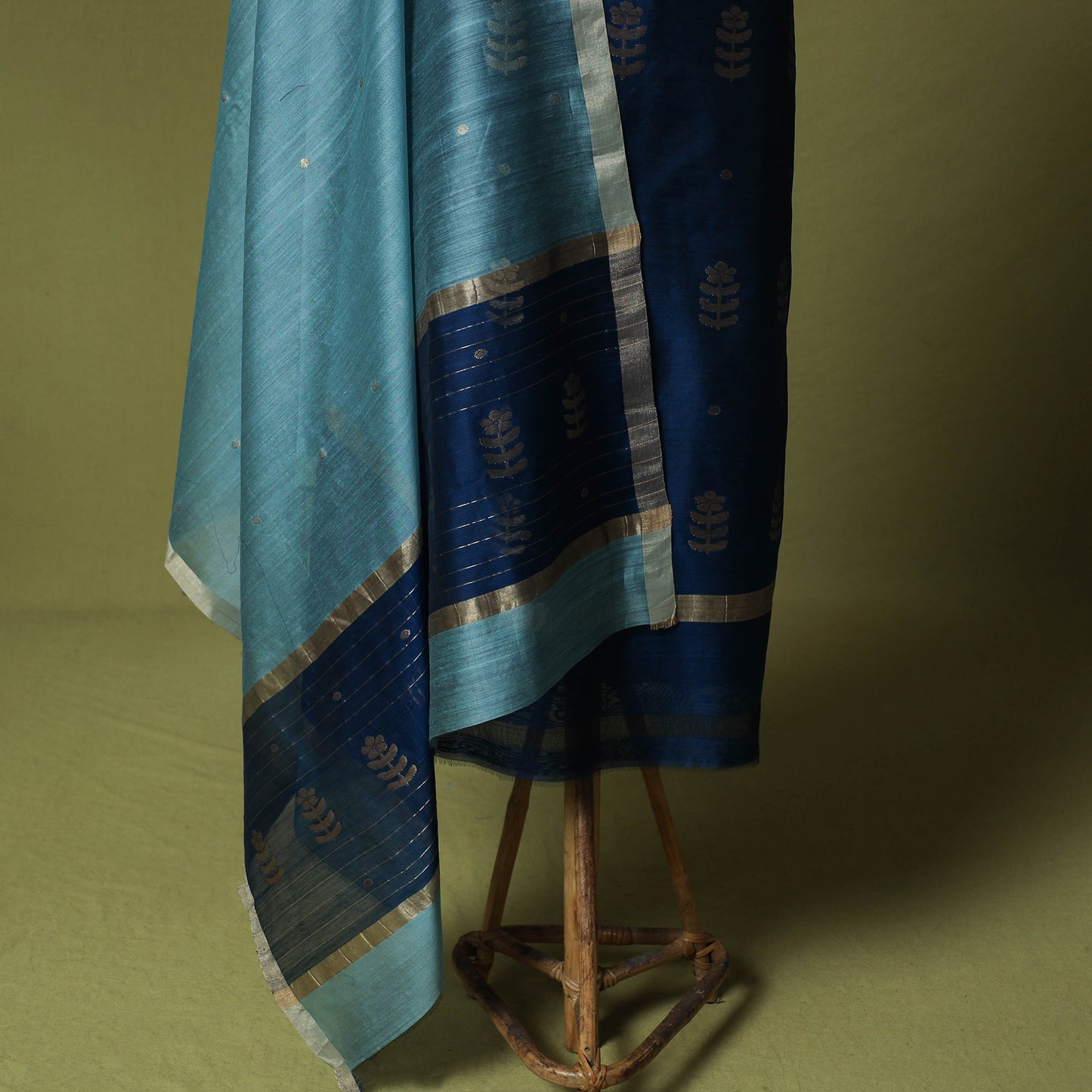 Blue - Handloom Zari Buti Chanderi Silk 2pc Unstitched Dress Material Kurta Set 03