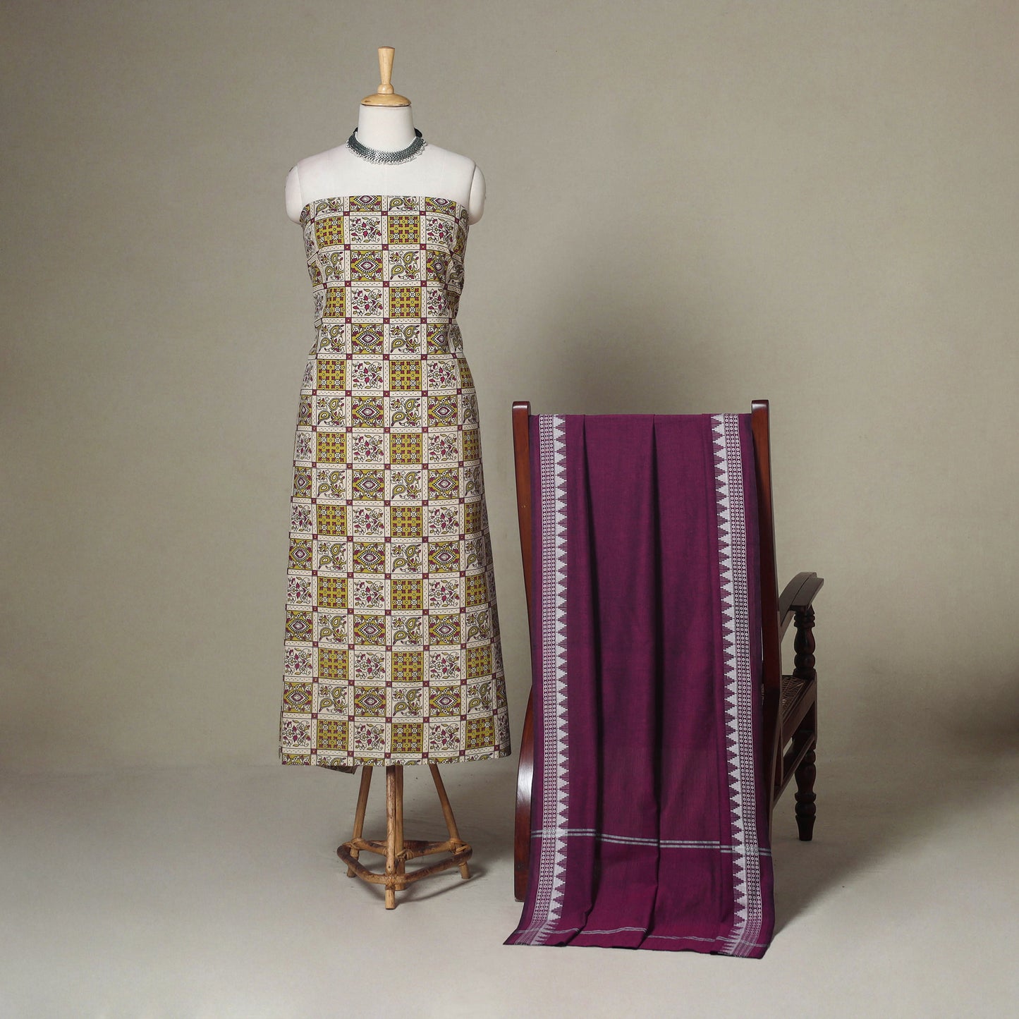 Beige - 2pc unstitched printed cotton kalamkari dress