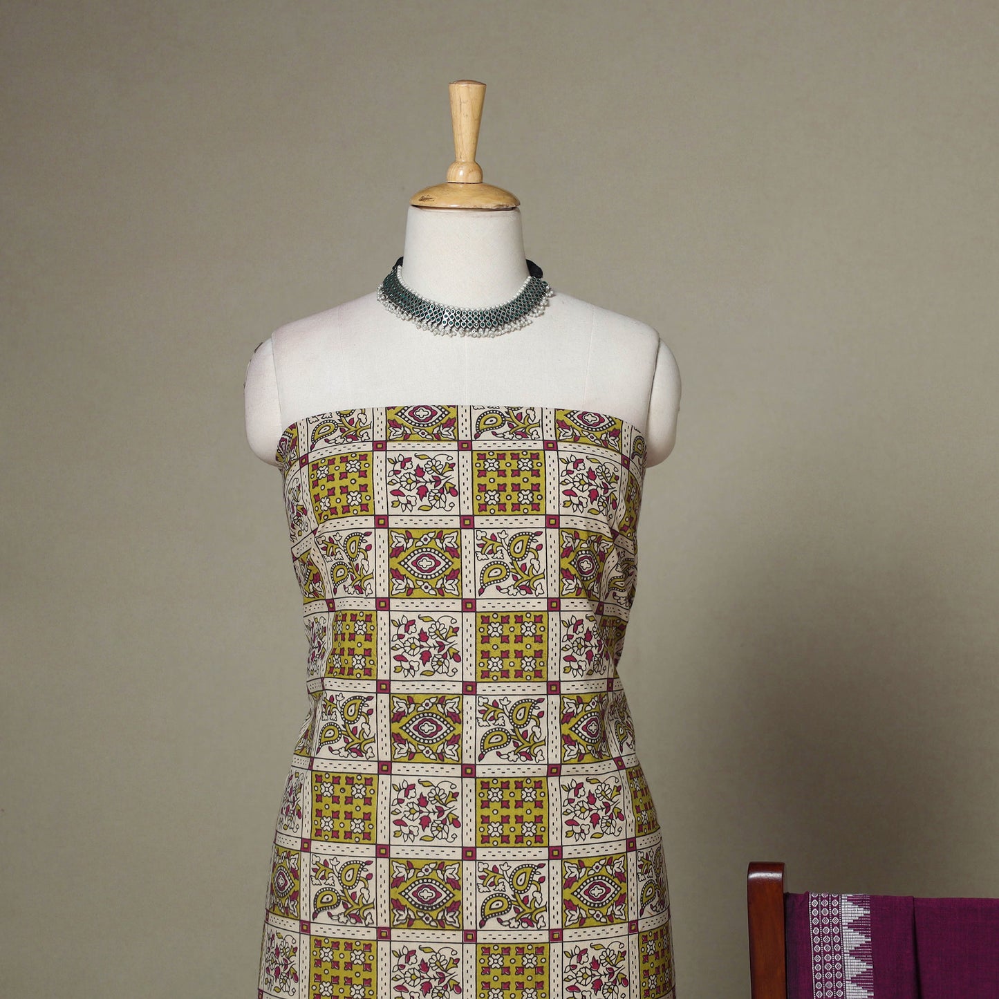 Beige - 2pc unstitched printed cotton kalamkari dress