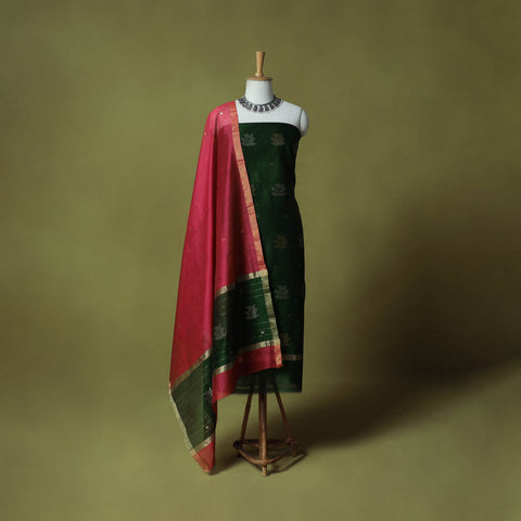 Green - Handloom Zari Buti Chanderi Silk 2pc Unstitched Dress Material Kurta Set 04
