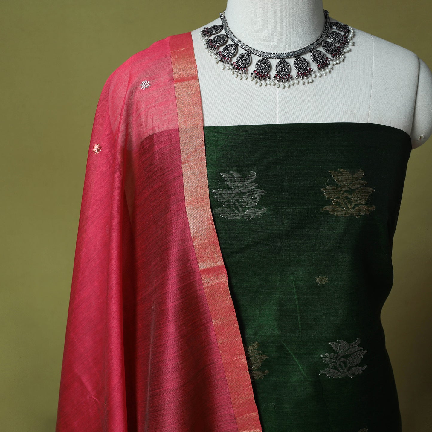 Green - Handloom Zari Buti Chanderi Silk 2pc Unstitched Dress Material Kurta Set 04