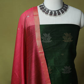 Green - Handloom Zari Buti Chanderi Silk 2pc Unstitched Dress Material Kurta Set 04