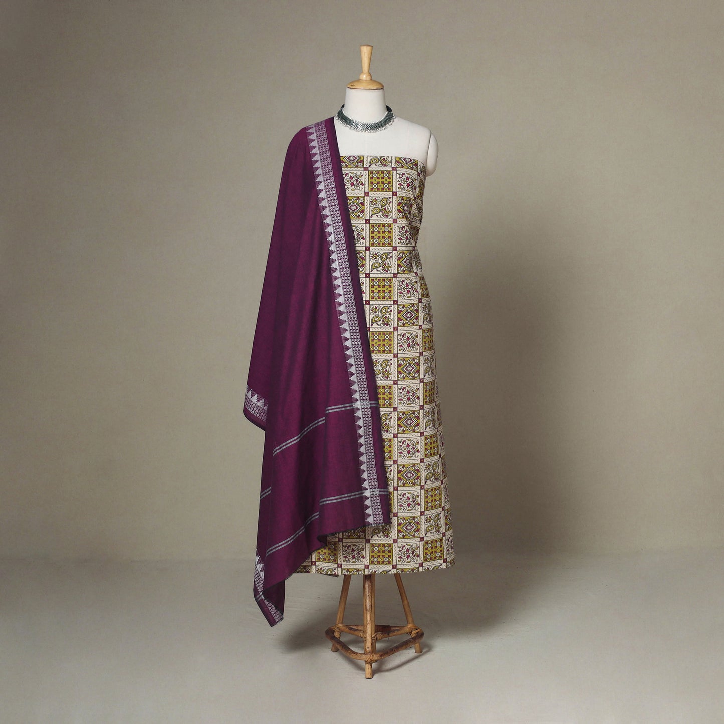 Beige - 2pc unstitched printed cotton kalamkari dress