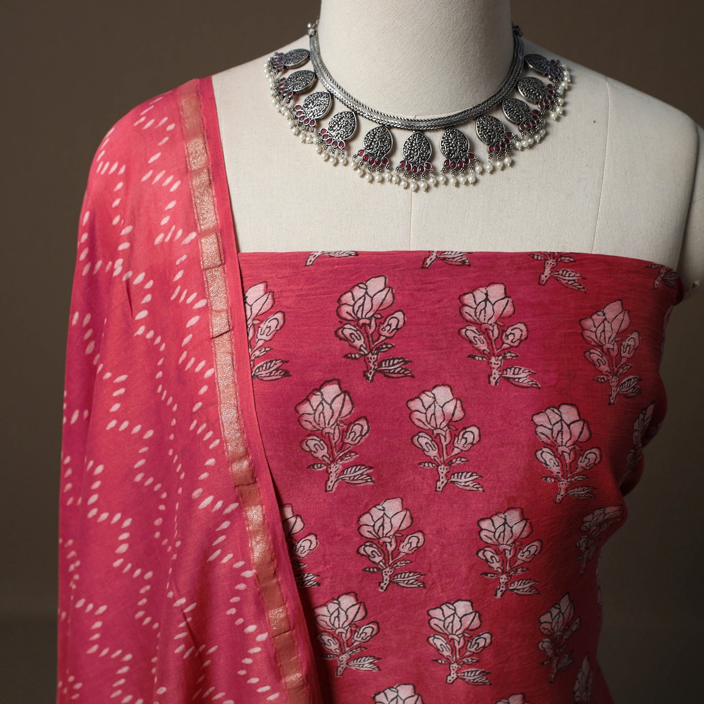 Akola Hand Block Print Chanderi Silk 2pc Unstitched Dress Material Kurta Set 40