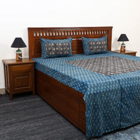 Blue Akola Print with Kalamkari Patch Cotton Bedsheet Set