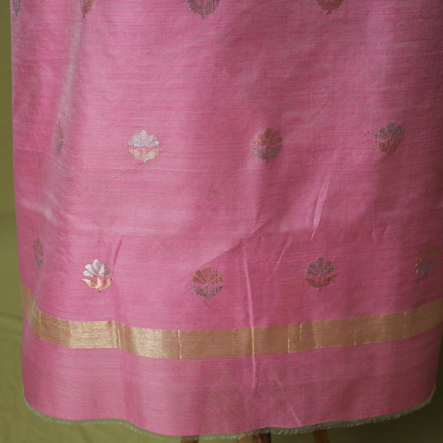 Pink - Handloom Zari Buti Chanderi Silk 2pc Unstitched Dress Material Kurta Set 05