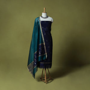 Blue - Handloom Zari Buti Chanderi Silk 2pc Unstitched Dress Material Kurta Set 06