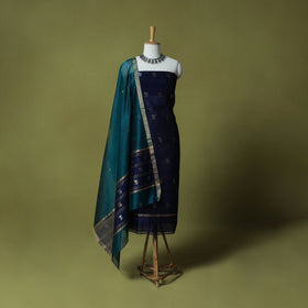 Blue - Handloom Zari Buti Chanderi Silk 2pc Unstitched Dress Material Kurta Set 06