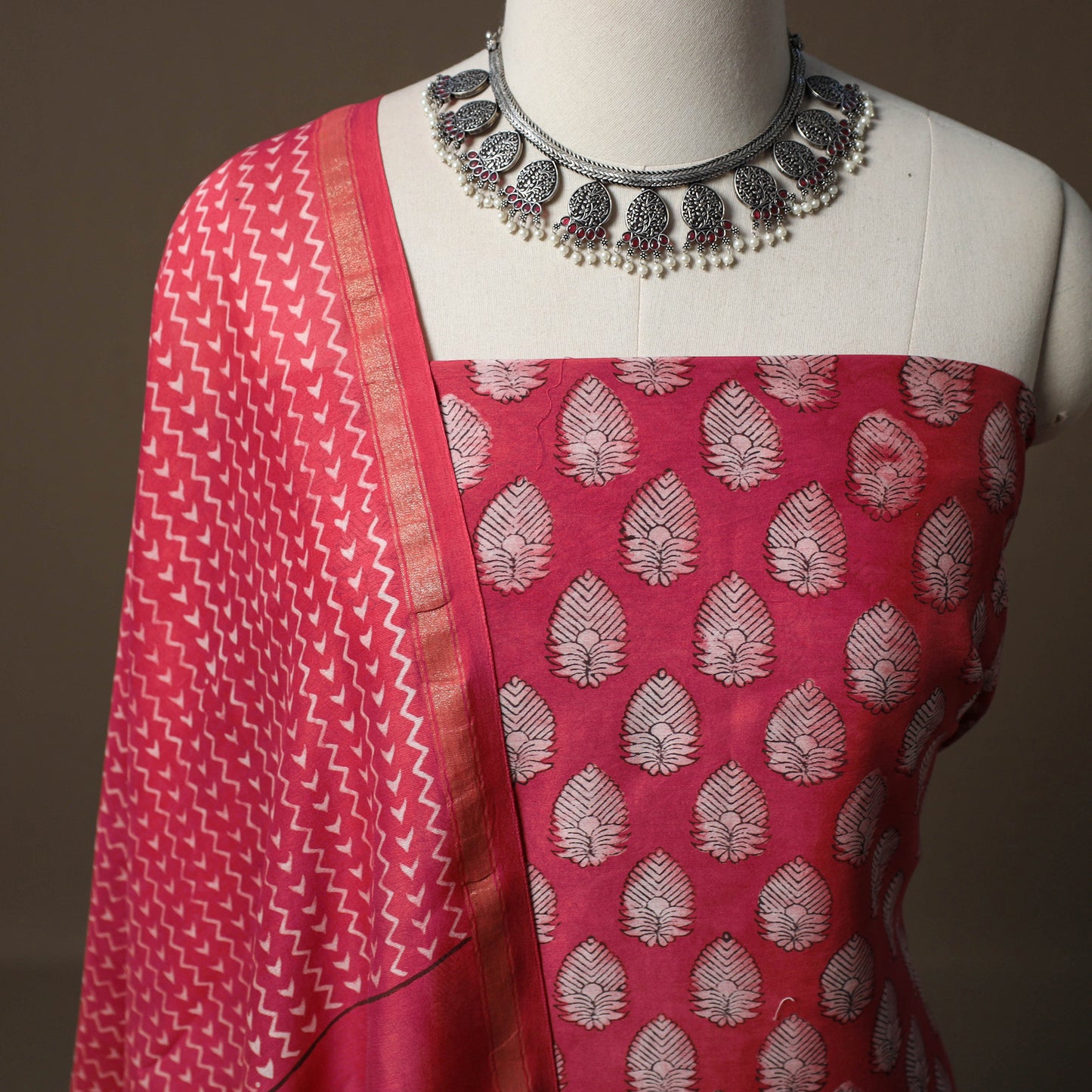 Akola Hand Block Print Chanderi Silk 2pc Unstitched Dress Material Kurta Set 42