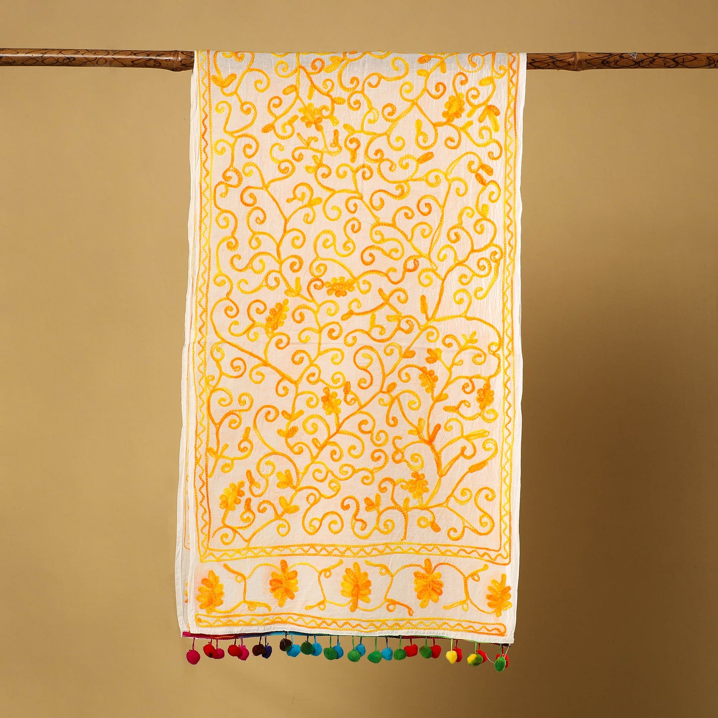 Buy Suzani Embroidery Mul Cotton Stole with Pom Pom